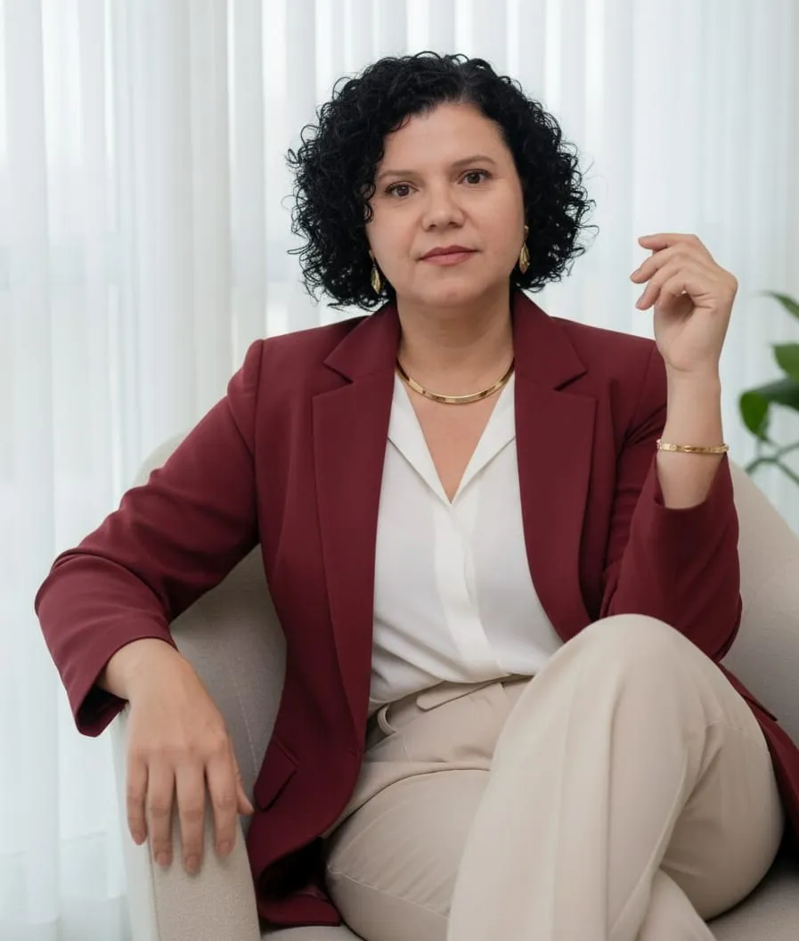 Rosemary Maria do Carmo de blazer vinho, sentada numa poltrona clara, perto de uma janela com cortinas